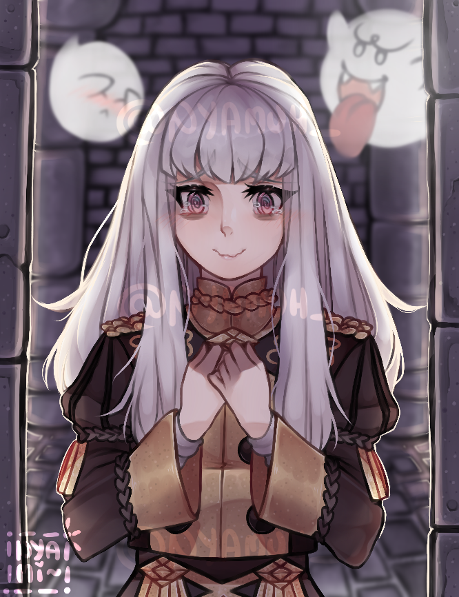 1girl, 2019, bangs, blunt_bangs, boo, closed_mouth, epaulettes, fire_emblem, fire_emblem:_three_houses, fire_emblem:_three_houses, ghost, human, intelligent_systems, koei_tecmo, loli, long_hair, long_sleeves, luigi's_mansion, luigi's_mansion_3, lysithea_von_ordelia, super_mario_bros., next_level_games, nintendo, nintendo_ead, nyamuh, pink_eyes, scared, tearing_up, twitter_username, uniform, upper_body, video_game_console_connection, white_hair, year_connection