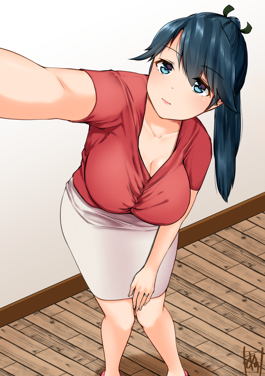 1girl, alternate_costume, blouse, blue_eyes, blue_hair, blush, breasts, closed_mouth