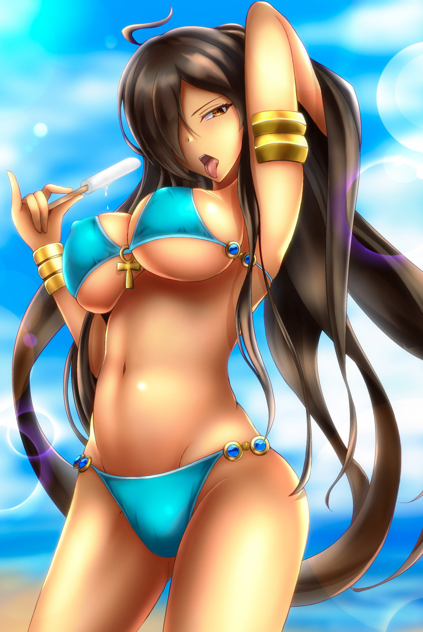 1girl, absurdres, ahoge, ankh, armlet, armpits, bikini, black_hair