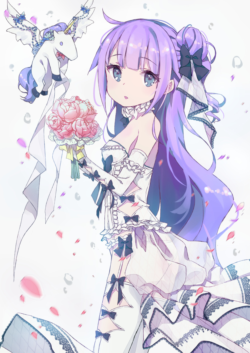 1girl, azur_lane, bare_shoulders, blue_eyes, commentary, doll, dress, eyebrows_visible_through_hair, flower, hair_ornament, hair_ribbon, highres, lace, long_hair, neck_ribbon, purple_hair, ribbon, solo, thigh-highs, unicorn_(azur_lane), user_stsw3475, wedding_dress, white_legwear, white_sleeves