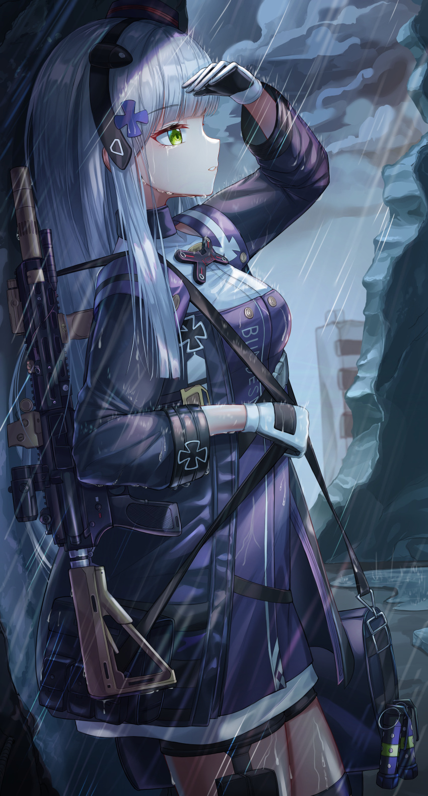 1girl, absurdres, assault_rifle, bag, bangs, beret, blunt_bangs, breasts, clothes_writing, clouds, cloudy_sky, cow-ring, dress, eyebrows_visible_through_hair, facial_mark, girls_frontline, gloves, green_eyes, gun, h&amp;k_hk416, hair_ornament, hand_up, hat, headgear, heckler_&amp;_koch, highres, hk416_(girls_frontline), holding_strap, huge_filesize, iron_cross, jacket, long_hair, looking_afar, medium_breasts, mini_hat, mod3_(girls_frontline), outdoors, parted_lips, purple_dress, rain, rifle, shoulder_bag, silver_hair, sky, solo, teardrop, thigh-highs, very_long_hair, weapon, wet