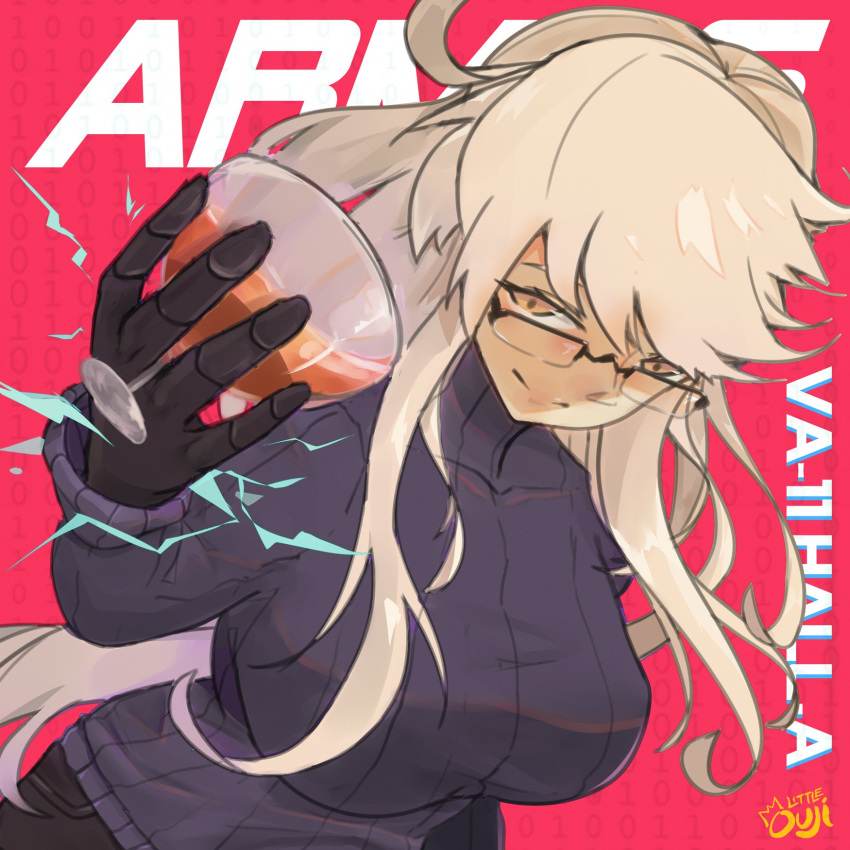 1girl, alma_armas, blonde_hair, breasts, cocktail, cocktail_glass, commentary, cup, drinking_glass, english_commentary, glasses, highres, large_breasts, little_ouji, long_hair, looking_at_viewer, mechanical_hands, orange_eyes, over-rim_eyewear, pants, ribbed_sweater, semi-rimless_eyewear, smile, solo, sweater, va-11_hall-a