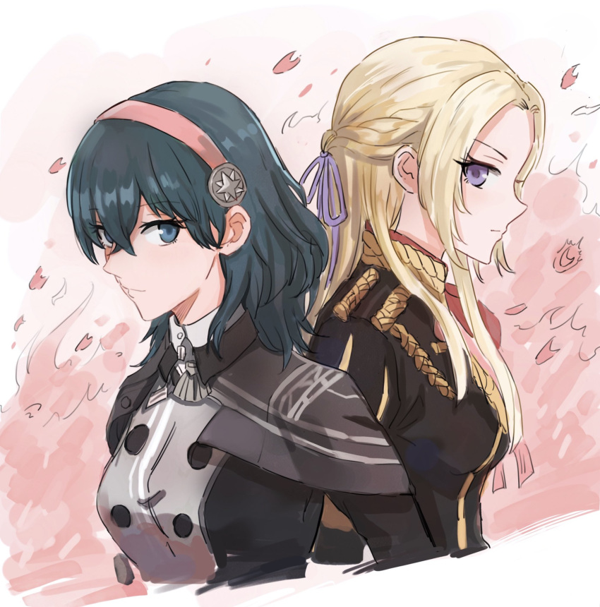 2girls, blonde_hair, blue_eyes, blue_hair, blush, breasts, byleth_(fire_emblem), byleth_eisner_(female)