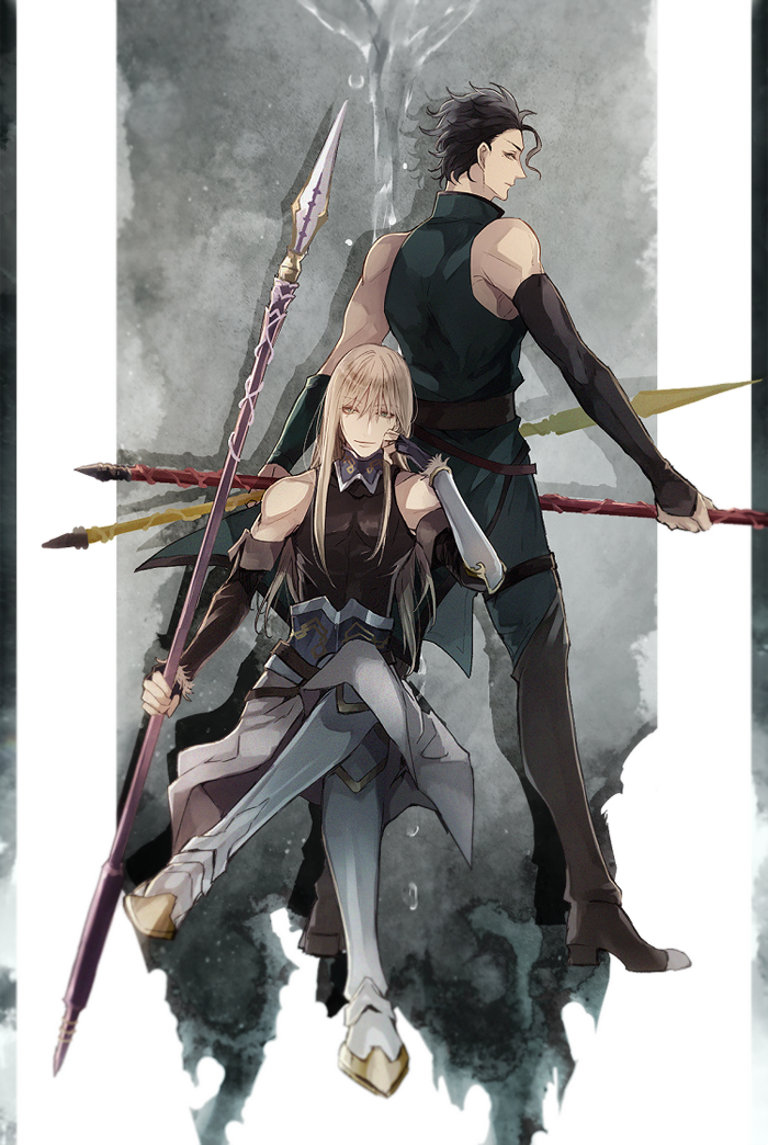 2boys, armor, armored_boots, black_hair, blonde_hair, boots, crossed_legs, fate/grand_order, fate_(series), fionn_mac_cumhaill_(fate/grand_order), from_behind, gae_buidhe, gae_dearg, green_eyes, hair_between_eyes, holding, holding_weapon, lancer_(fate/zero), long_hair, looking_at_viewer, male_focus, mole, mole_under_eye, multiple_boys, polearm, rata_to, short_hair, sitting, smile, spear, standing, thigh-highs, thigh_boots, toned, weapon