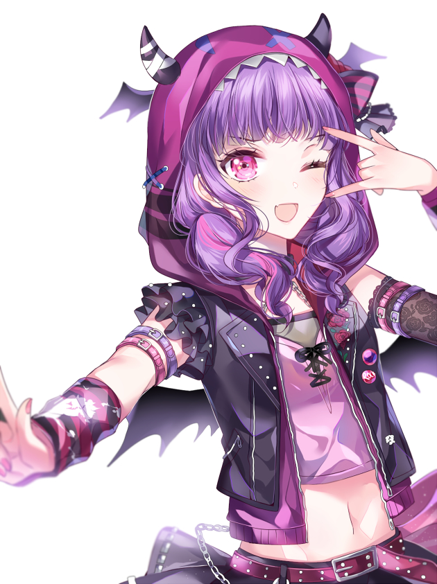 1girl, ;d, \m/, alternate_hairstyle, arm_belt, arm_warmers, asymmetrical_clothes, badge