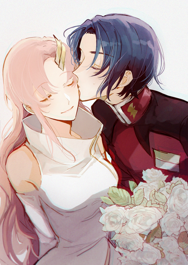 1boy, 1girl, athrun_zala, bangs, blue_hair, cheek_kiss, closed_eyes, detached_sleeves, flower, gundam, gundam_seed, hair_ornament, hairclip, hetero, kiss, lacus_clyne, long_hair, military, military_uniform, pink_hair, rata_to, short_hair, uniform, very_long_hair, white_flower
