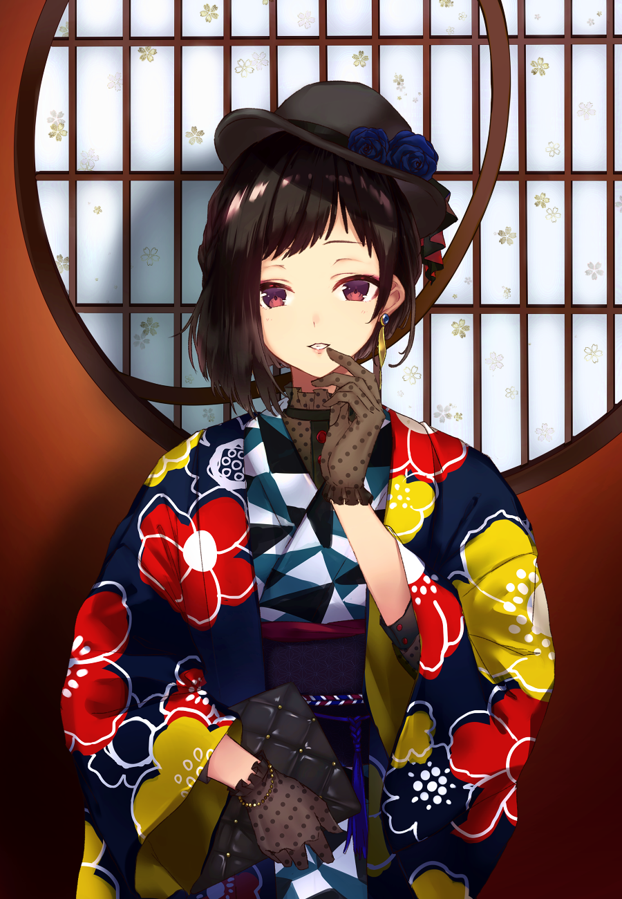 1girl, bangs, black_hair, black_headwear, blue_flower, blue_rose, bracelet, brown_gloves