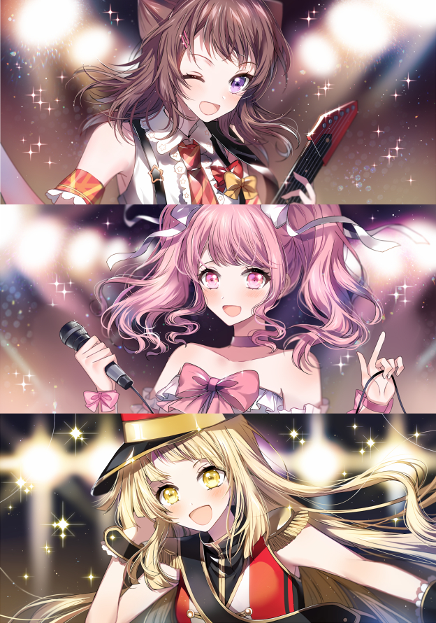 3girls, :d, ;d, band_uniform, bang_dream!, bangs, blonde_hair, bow