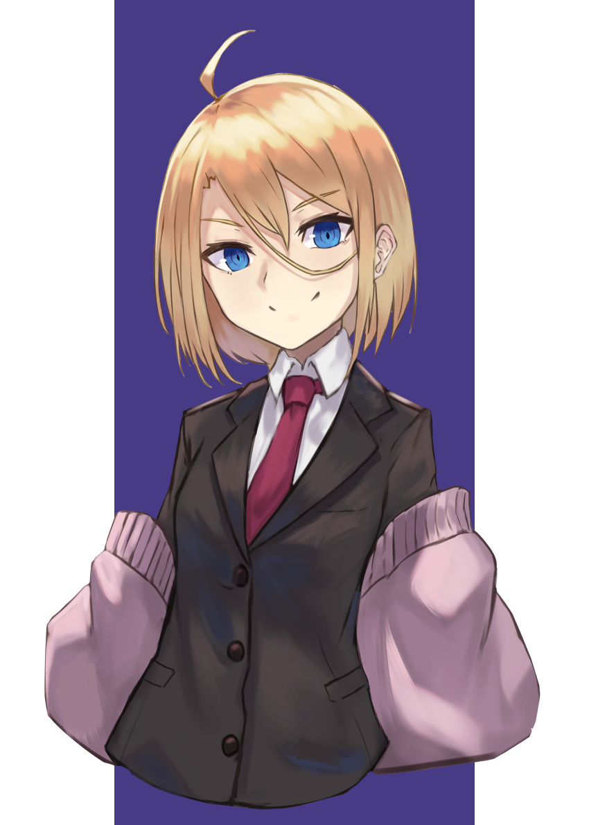 1girl, absurdres, ahoge, bangs, black_jacket, blonde_hair, blue_eyes, commentary_request