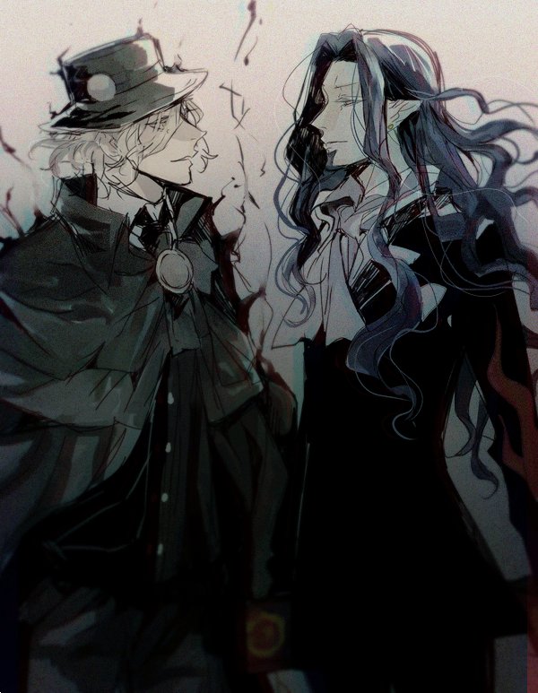 2boys, beard, blue_hair, blue_skin, cloak, count_of_monte_cristo, cravat, earrings