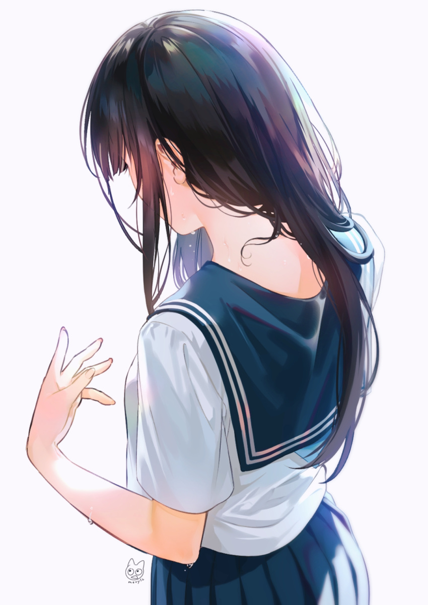 1girl, black_hair, blue_sailor_collar, blue_skirt, chitanda_eru, facing_away, from_behind, hand_up