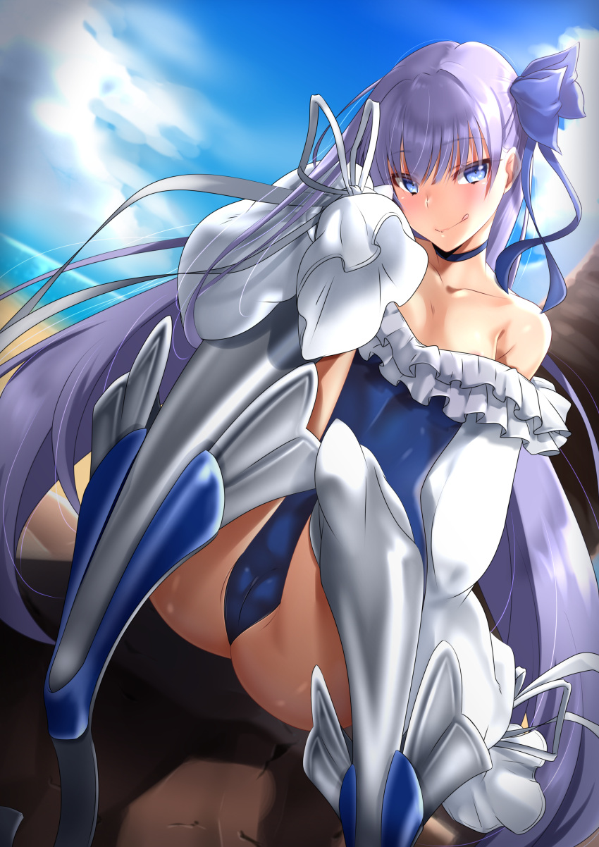 1girl, absurdres, andouyu, ass, bangs, bare_shoulders, blue_eyes, blue_ribbon, blue_sky, blue_swimsuit, blush, breasts, choker, closed_mouth, collarbone, fate/grand_order, fate_(series), frills, greaves, hair_between_eyes, hair_ribbon, highleg, highleg_swimsuit, highres, licking_lips, long_hair, long_sleeves, looking_at_viewer, meltryllis, meltryllis_(swimsuit_lancer)_(fate), one-piece_swimsuit, puffy_sleeves, purple_hair, ribbon, sitting, sky, sleeves_past_fingers, sleeves_past_wrists, small_breasts, smile, solo, swimsuit, thighs, tongue, tongue_out, very_long_hair