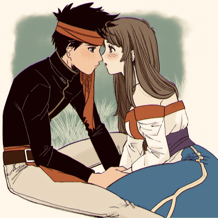 1boy, 1girl, arc_the_lad, arc_the_lad_ii, bandana, bare_shoulders, black_hair, blush