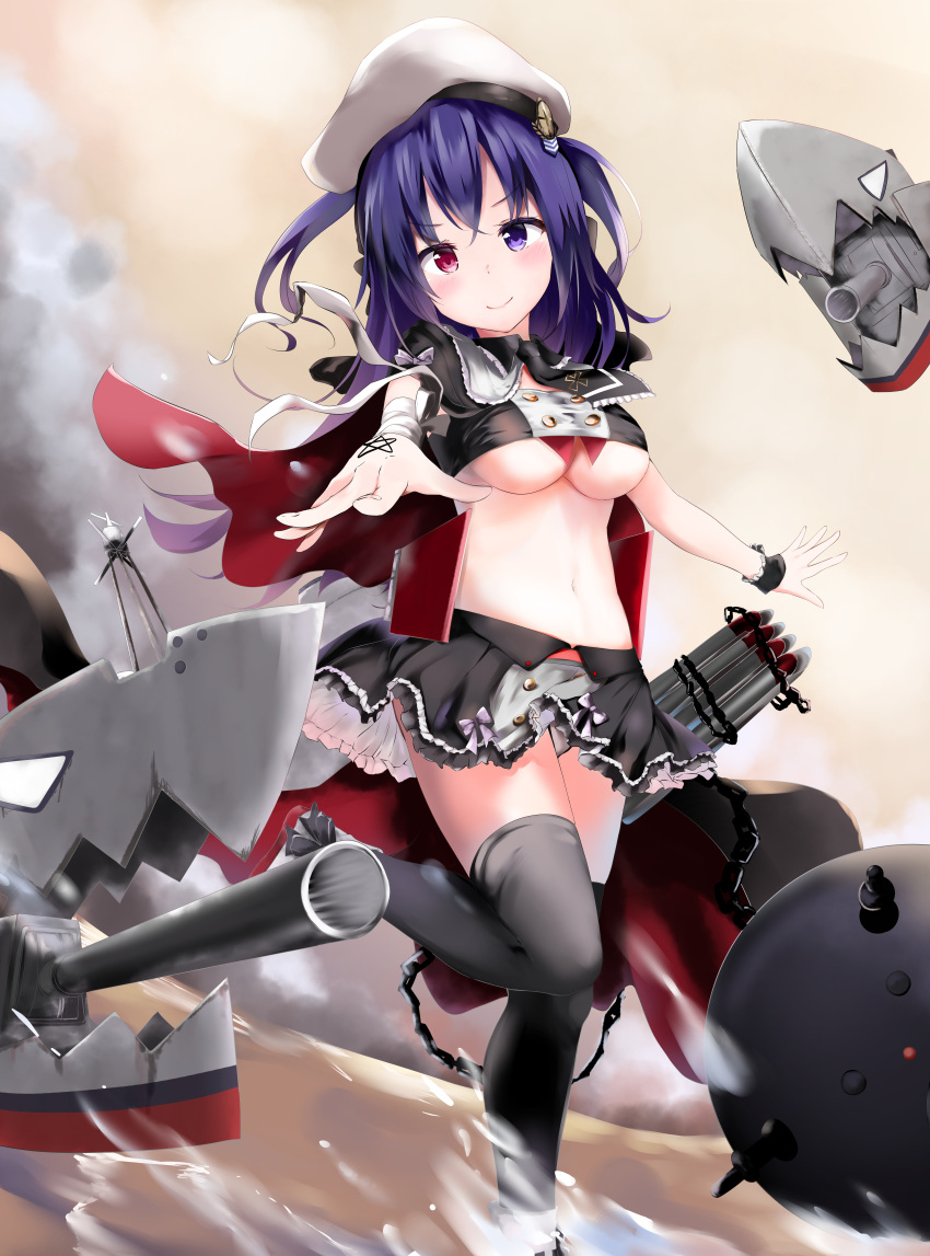1girl, absurdres, azur_lane, bandeau, black_cape, black_legwear, black_neckwear, black_skirt
