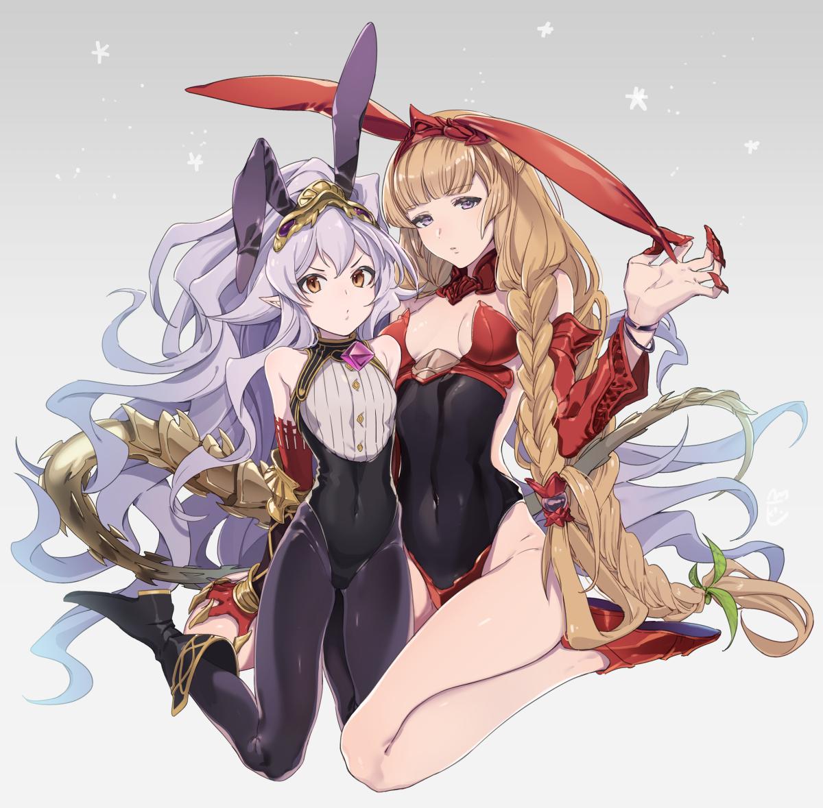 2girls, animal_ears, athena_(granblue_fantasy), blonde_hair, boots, bracelet, braid, breasts, bunny_girl, bunnysuit, buttons, choker, crystal, detached_sleeves, eyebrows, eyebrows_visible_through_hair, feb_itk, flat_chest, fringe_trim, gauntlets, gloves, granblue_fantasy, hair_ornament, hair_ribbon, headband, headgear, jewelry, kneeling, lavender_eyes, lavender_hair, long_hair, medium_breasts, medusa_(shingeki_no_bahamut), monster_girl, multiple_girls, navel, orange_eyes, pantyhose, pointy_ears, rabbit_ears, ribbon, shiny, shiny_clothes, skin_tight, tail, tiara, very_long_hair
