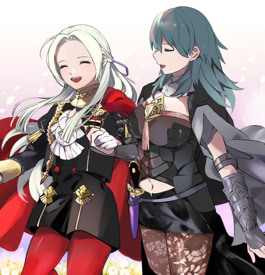 2girls, ayushiba_pokefe, blonde_hair, blue_hair, byleth_(fire_emblem), byleth_eisner_(female), cape, closed_eyes
