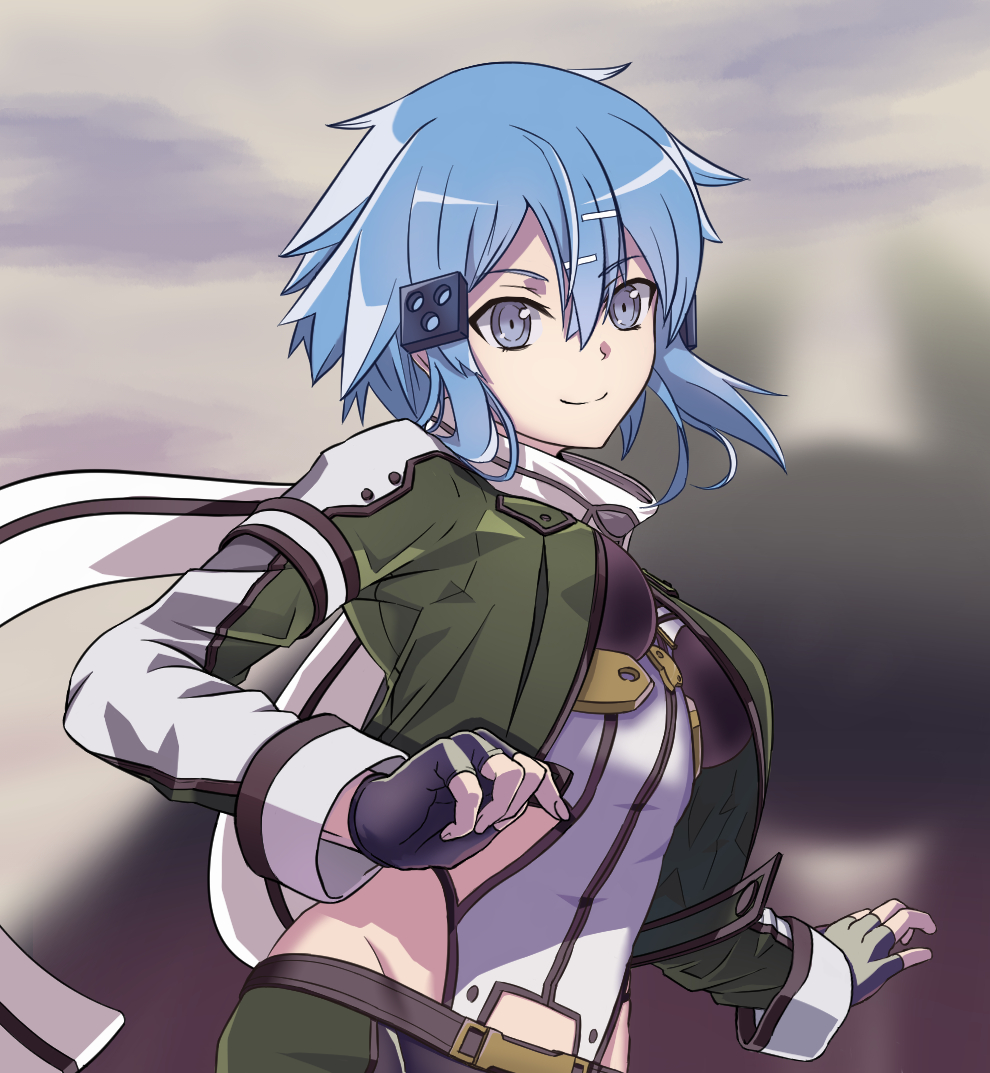 1girl, blue_eyes, blue_hair, breasts, commentary_request, eyebrows_visible_through_hair, fingerless_gloves, gloves