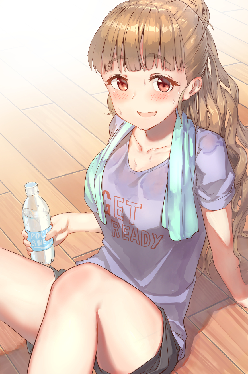 1girl, bangs, blush, bottle, brown_hair, collarbone, eyebrows_visible_through_hair, hair_bun, highres, idolmaster, idolmaster_cinderella_girls, indoors, kamiya_nao, long_hair, looking_at_viewer, on_floor, red_eyes, shorts, shoukichi_(shony), sitting, smile, solo, sweat, towel, water_bottle, wooden_floor