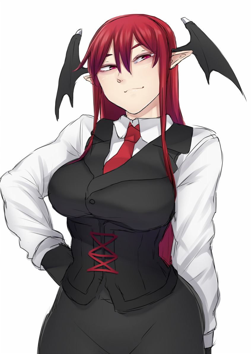 1girl, black_gloves, black_skirt, black_vest, breasts, commentary_request, demon_wings, gloves
