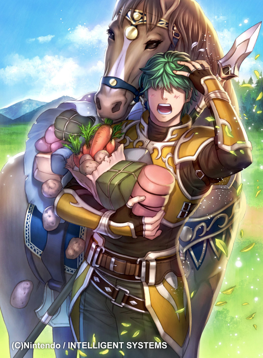 1boy, aqua_hair, armor, belt, blush, carrot, fingerless_gloves, fire_emblem
