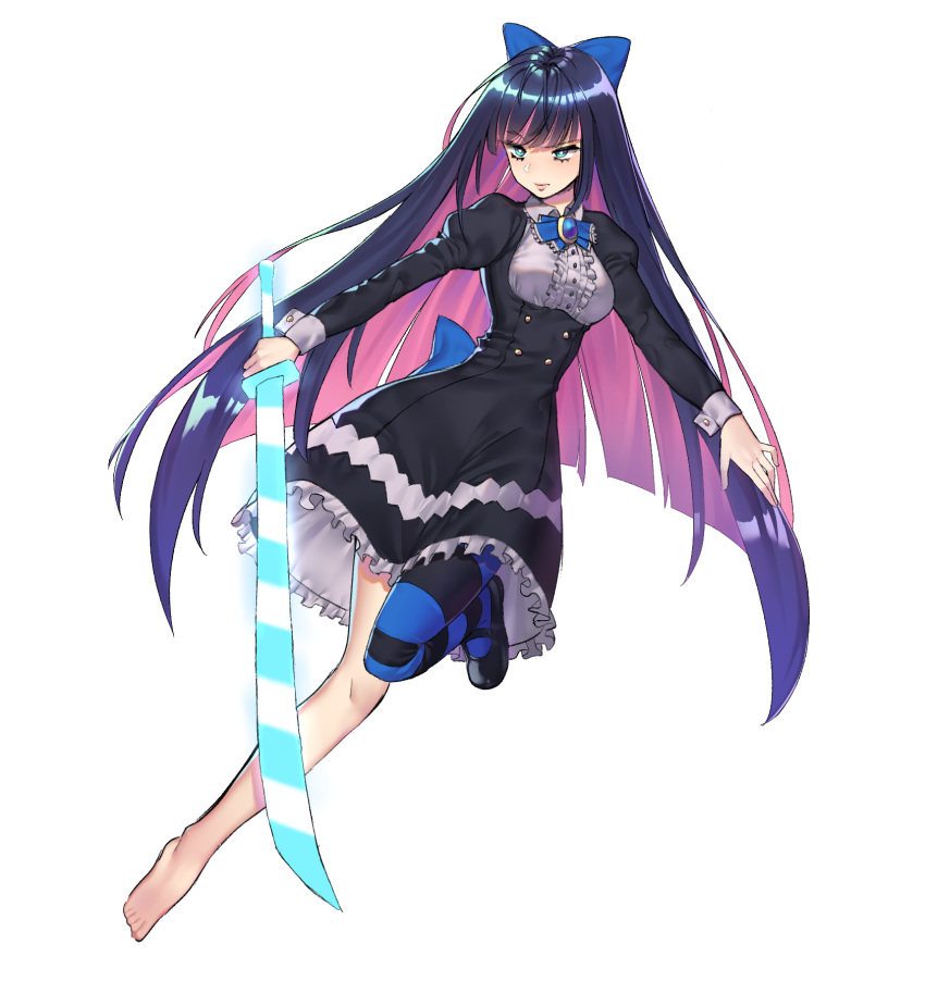 1girl, aqua_eyes, bangs, black_footwear, blue_legwear, bow, buttons, dress