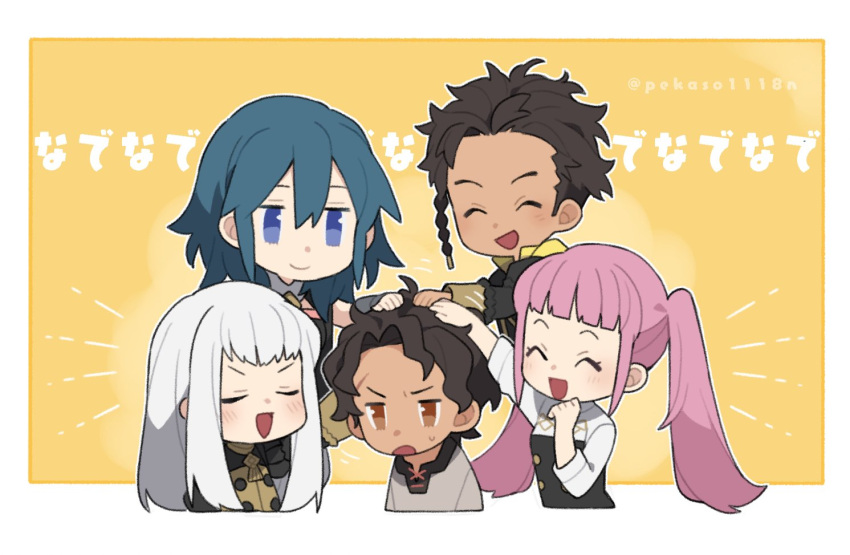 2boys, 3girls, blue_eyes, blue_hair, brown_eyes, brown_hair, byleth_(fire_emblem), byleth_eisner_(female), claude_von_riegan, closed_eyes, closed_mouth, cyril_(fire_emblem), dark_skin, dark_skinned_male, fire_emblem, fire_emblem:_three_houses, hand_on_another's_head, hilda_valentine_goneril, long_hair, long_sleeves, lysithea_von_ordelia, medium_hair, multiple_boys, multiple_girls, open_mouth, pekaso1118n, pink_hair, short_hair, smile, twintails, twitter_username, uniform, white_hair