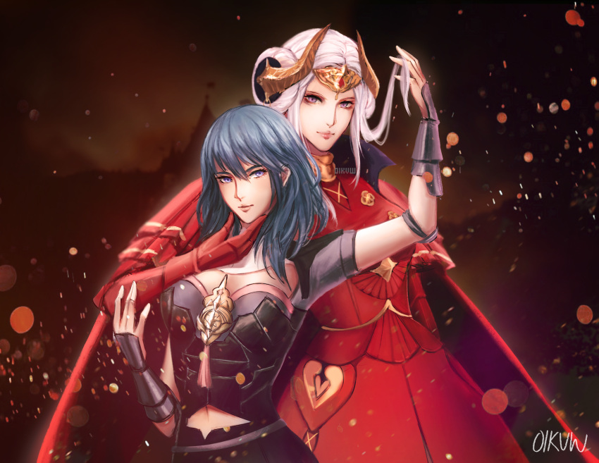 2girls, blurry, blurry_background, byleth_(fire_emblem), byleth_eisner_(female), cape, castle, dark_background, dark_sky, edelgard_von_hresvelg, embers, fire_emblem, fire_emblem:_three_houses, green_hair, hand_on_another's_chin, highres, looking_at_viewer, midriff, multiple_girls, navel, oikvw, parted_lips, red_cape, silver_hair, smile, tiara, upper_body