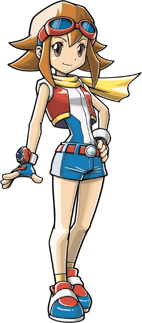 1girl, artist_request, belt, blue_gloves, blue_shorts, breasts, brown_hair, closed_mouth