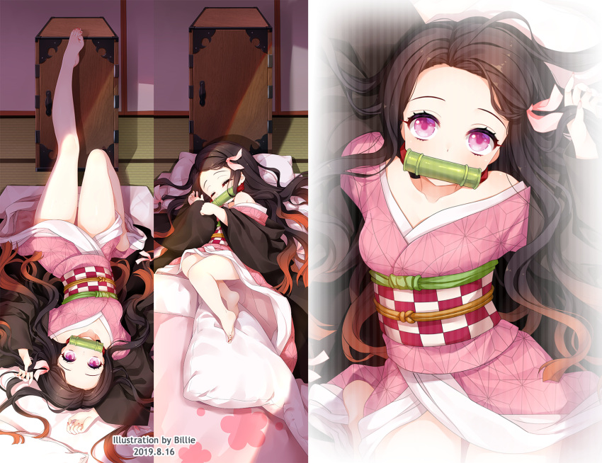 1girl, artist_name, bamboo, bangs, bare_legs, barefoot, black_hair, box