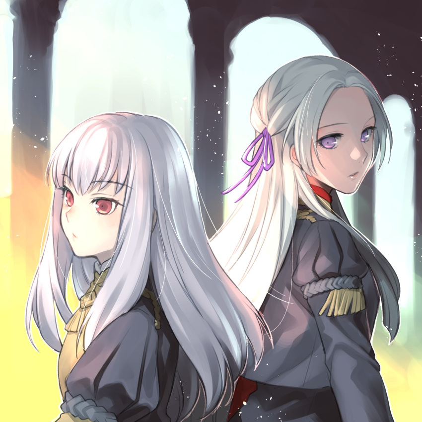 2girls, adult, edelgard_von_hresvelg, fire_emblem, fire_emblem:_three_houses, from_side, hair_ribbon, highres