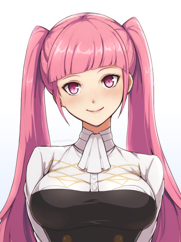 1girl, breasts, closed_mouth, fire_emblem, fire_emblem:_three_houses, hilda_valentine_goneril, long_hair, phiphi-au-thon, pink_eyes, pink_hair, simple_background, smile, solo, twintails, uniform, upper_body, white_background