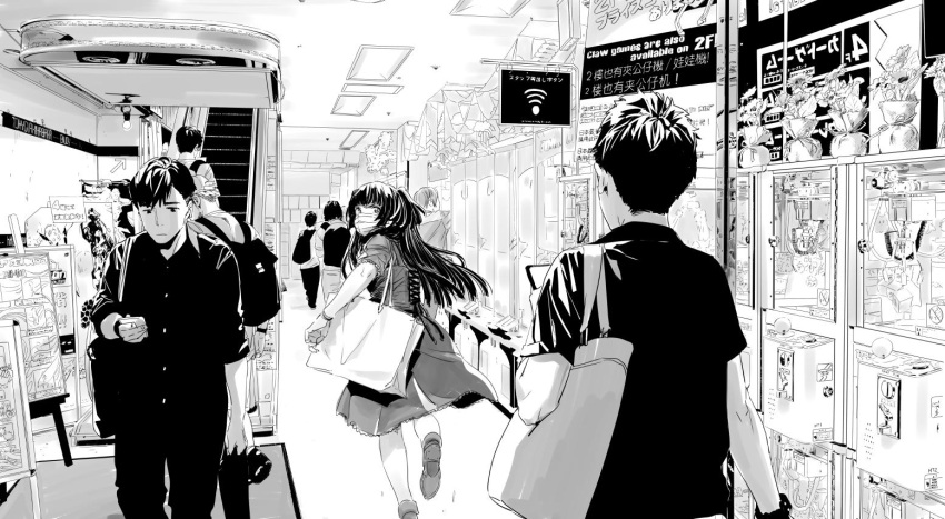 1girl, 2boys, akihabara_(tokyo), bag, commentary, crane_game, goshiki_suzu, idolmaster