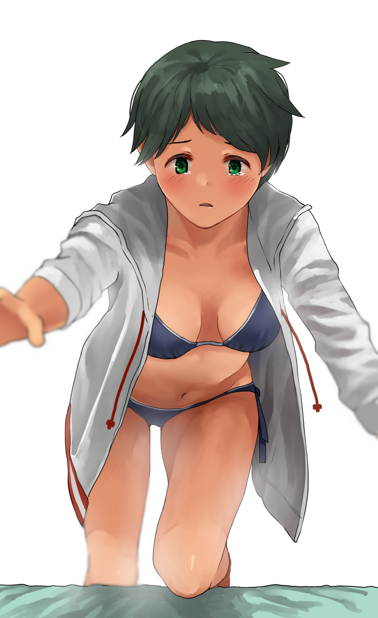 1girl, bangs, bed, bikini, black_hair, blue_bikini, blurry, breasts