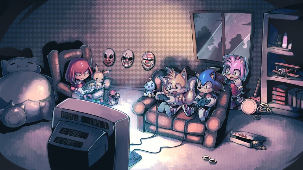 1girl, 3boys, amy_rose, character_doll, charmander, commentary, commission, controller