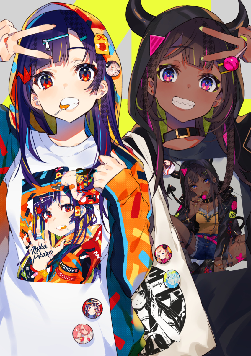 2girls, artist_name, bangs, black_shirt, brown_hair, buttons, candy, choker