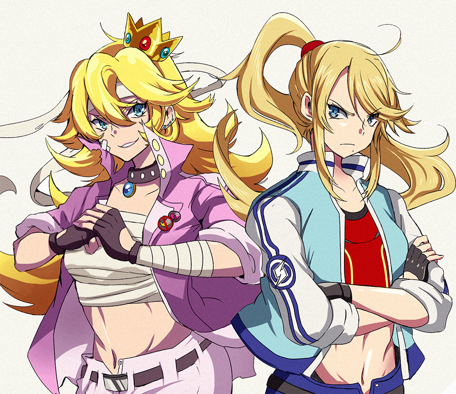 >:(, >:), 2girls, adult, ahoge, alternate_costume, bandaged_arm, bandages