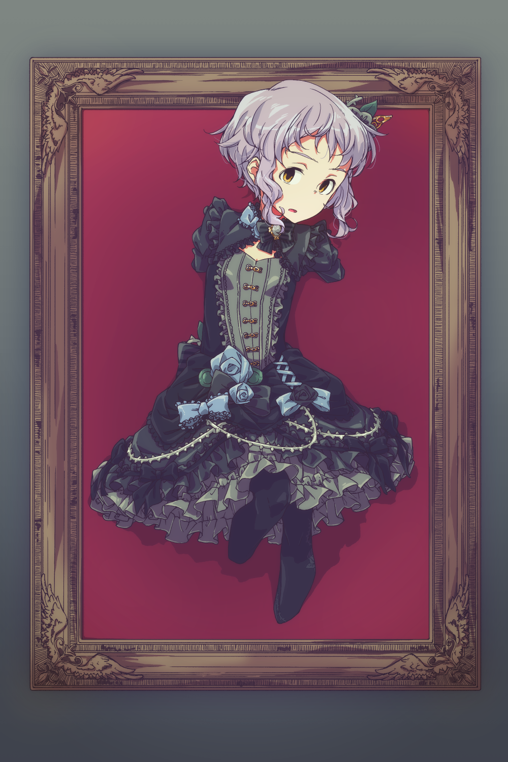 1girl, black_dress, black_legwear, bow, breasts, commentary_request, dress, empty_eyes