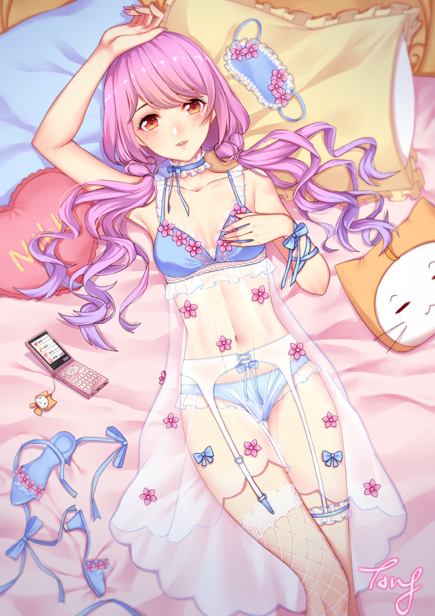 1girl, ang_(6107939), artist_name, bangs, bare_shoulders, blue_bra, blue_panties, blue_ribbon, blush, bra, breasts, cellphone, collarbone, commentary_request, floral_print, highres, long_hair, lying, navel, on_back, original, panties, phone, pillow, pink_hair, red_eyes, ribbon, see-through, small_breasts, smile, solo, underwear, wavy_hair, yellow_pillow