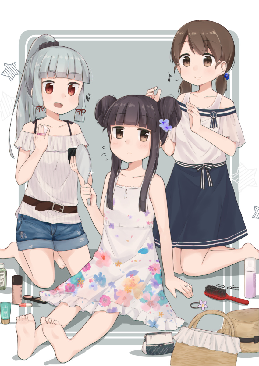 3girls, alternate_costume, alternate_hairstyle, aoshima_sakana, bag, belt, black_belt, black_hair, blouse, blush, brown_eyes, brown_hair, closed_mouth, denim, denim_shorts, double_bun, dress, eyebrows_visible_through_hair, floral_print, flower, full_body, hair_brushing, hair_flower, hair_ornament, hair_ribbon, hand_mirror, hat, hatsuyuki_(kantai_collection), highres, jeans, kantai_collection, long_hair, low_ponytail, low_twintails, medium_skirt, mirror, multiple_girls, murakumo_(kantai_collection), open_mouth, orange_eyes, pants, ribbon, shirayuki_(kantai_collection), short_shorts, short_twintails, shorts, silver_hair, sitting, skirt, smile, twintails, two-tone_background, white_blouse