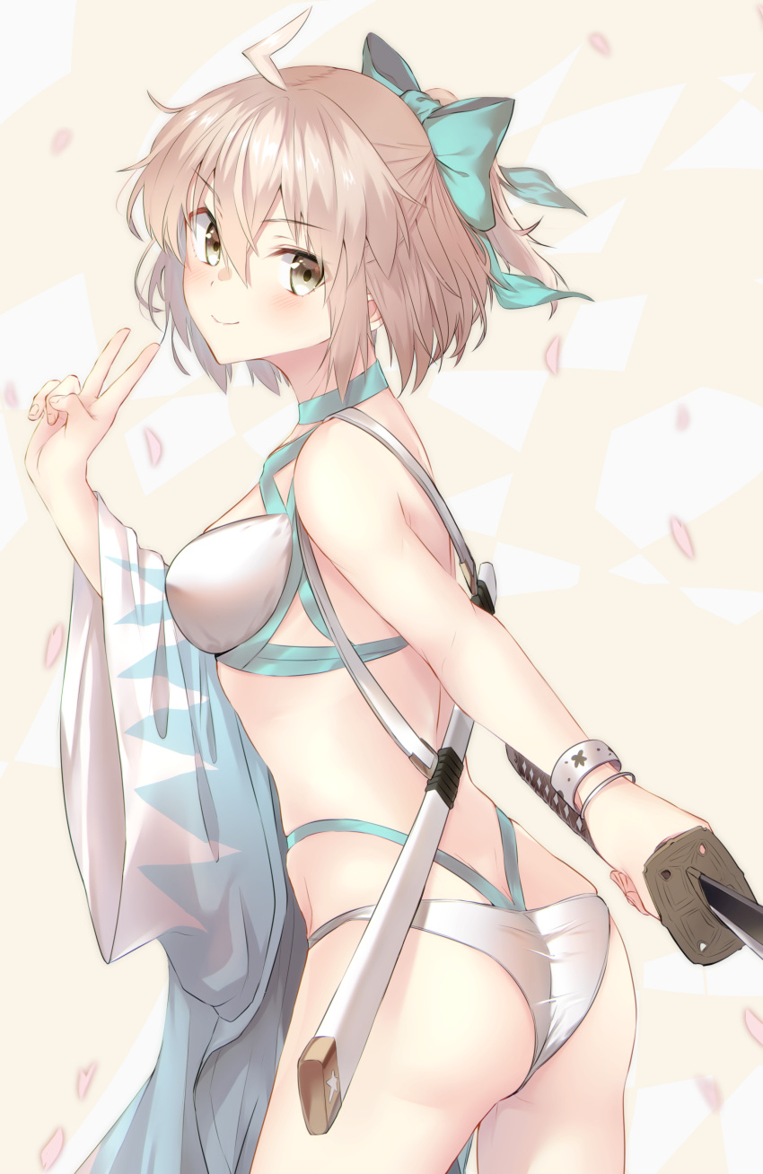 1girl, absurdres, ahoge, ass, bare_shoulders, bikini, bow, breasts