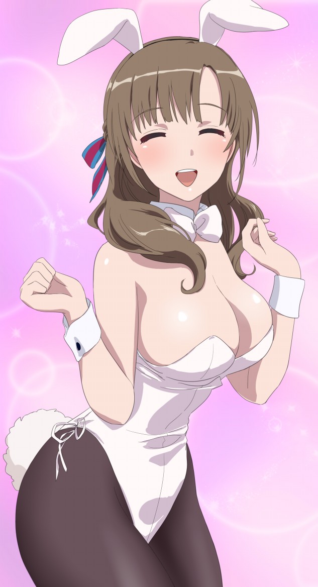1girl, animal_ears, breasts, brown_hair, bunny_girl, bunny_tail, bunnysuit, closed_eyes