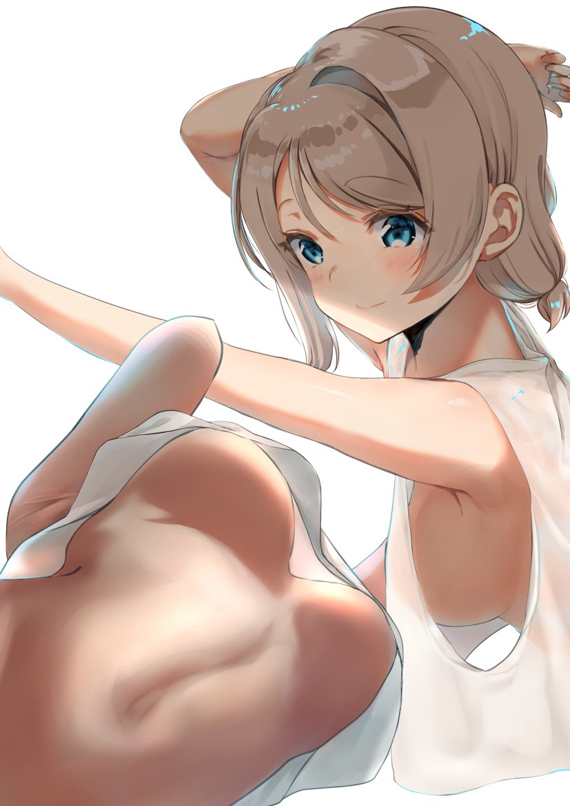 armpit_crease, bare_arms, blue_eyes, blush, breasts, brown_hair, from_below, love_live!, love_live!_school_idol_project, love_live!_sunshine!!, medium_breasts, no_bra, nu_(naoyahirota61217010), shirt, short_ponytail, sideboob, sleeveless, sleeveless_shirt, smile, stomach, under_boob, watanabe_you, white_shirt