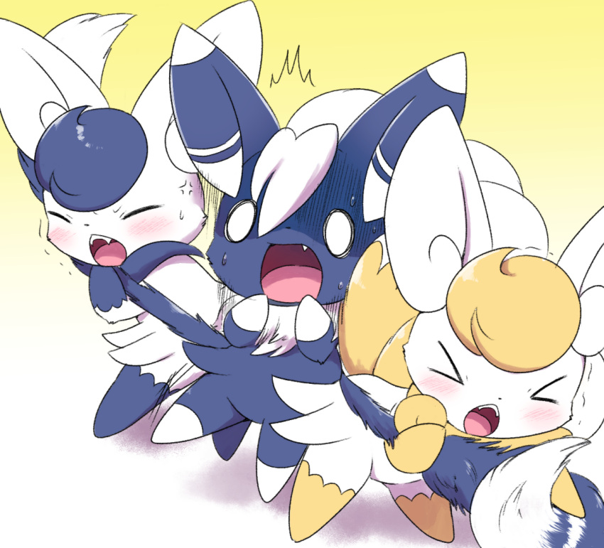 >_<, 1boy, 2girls, alternate_color, anger_vein, angry, animal_ears, bent_over