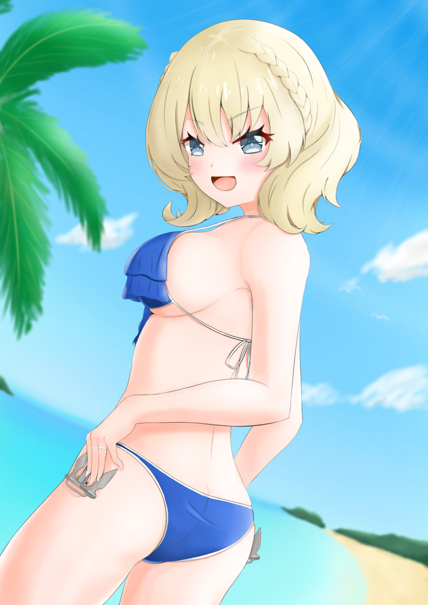 1girl, absurdres, ass, beach, bikini, blonde_hair, blue_bikini, blue_eyes