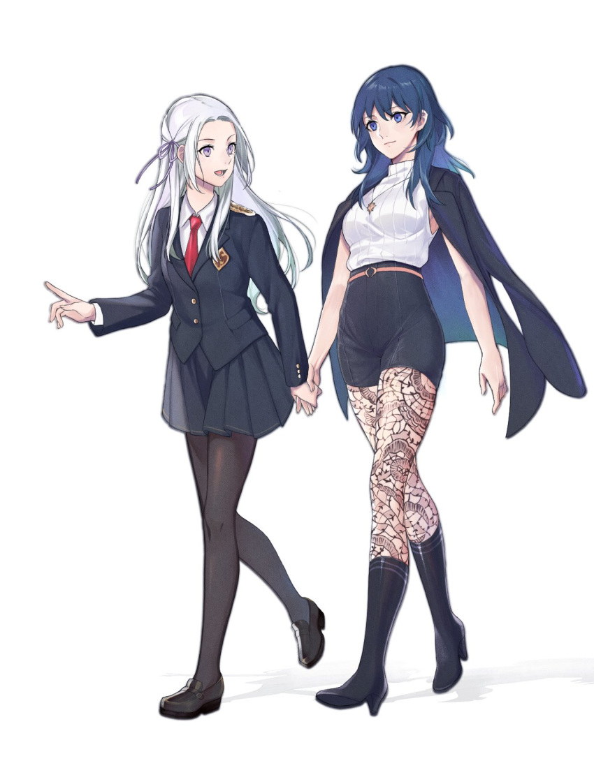 2girls, alternate_universe, black_shorts, blue_eyes, boots, byleth_(fire_emblem), byleth_eisner_(female), clovisxvii