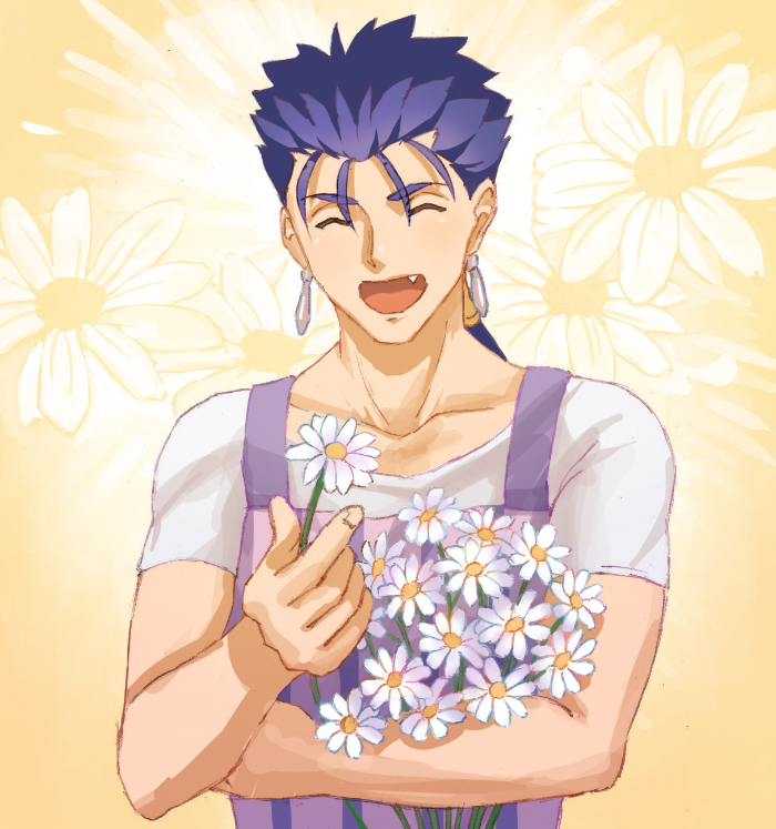 1boy, :d, blue_hair, bouquet, closed_eyes, collarbone, cu_chulainn_(fate)_(all), daisy