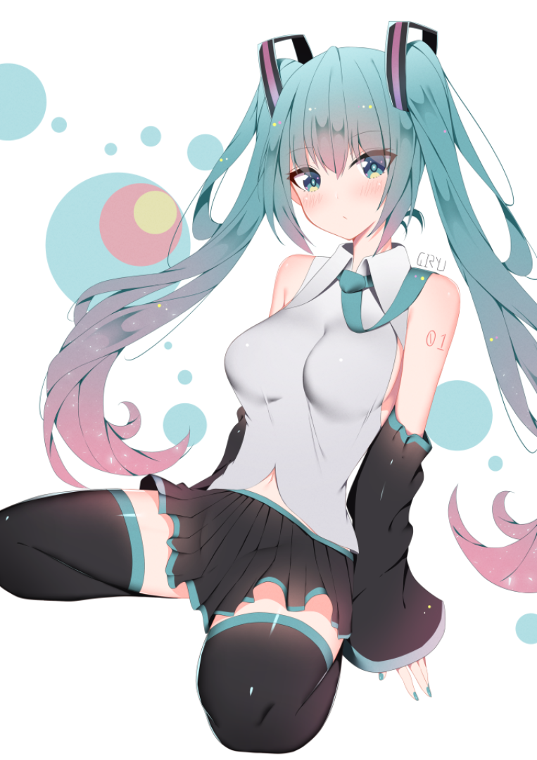 1girl, aqua_eyes, aqua_hair, black_legwear, black_skirt, black_sleeves, blue_nails, blue_neckwear