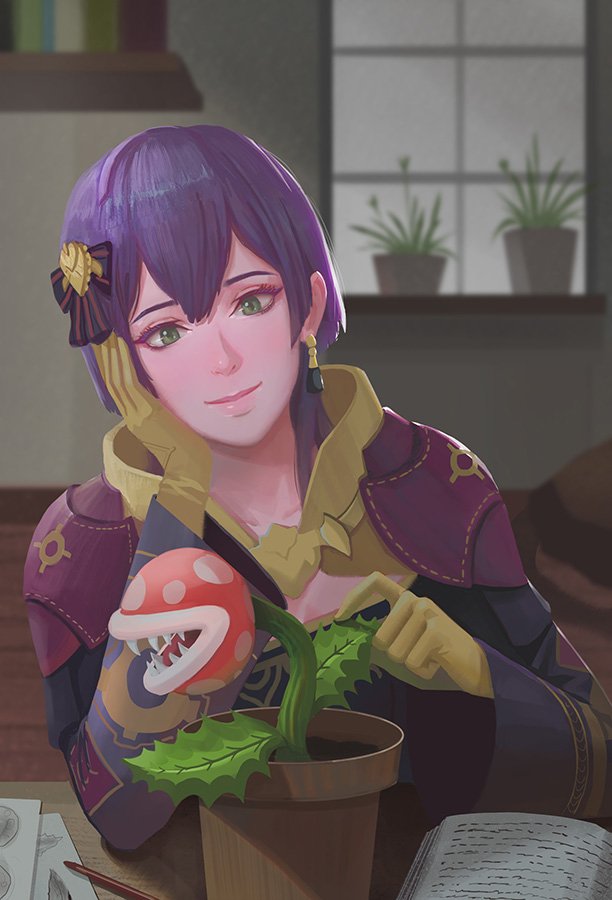 1girl, ahoge, bernadetta_von_varley, blush, cravat, fire_emblem, fire_emblem:_three_houses, flower_pot