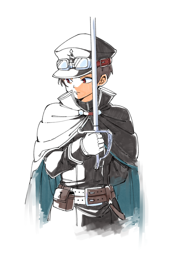 1boy, alec_(arc_the_lad), arc_s0222, arc_the_lad, arc_the_lad_iii, black_hair, brown_eyes, cape, closed_mouth, commentary_request, gloves, goggles, goggles_on_headwear, hat, simple_background, solo, sword, uniform, weapon