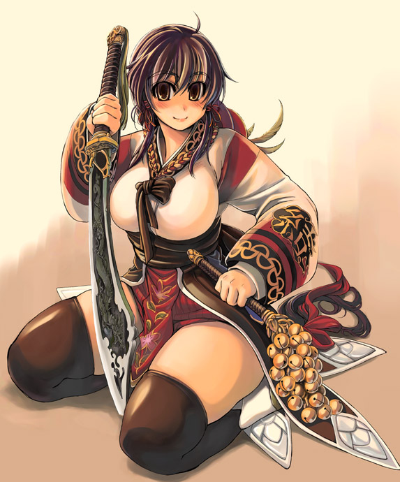 breasts, brown_eyes, brown_hair, curvy, japanese_clothes, large_breasts, plump, ragnarok_online, smile, solo, soul_linker, sword, thigh-highs, thighhighs, weapon, xration